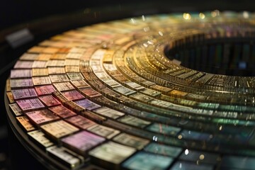 A detailed and vivid photograph showcasing the intricate patterns and vibrant colors of a multicolored glass plate, Time-lapse visualization of money's purchasing power over the years, AI Generated - obrazy, fototapety, plakaty