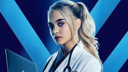 gorgeous blonde female doctor, holding laptop, isolated on blue background, photo, stock photo,...