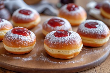 A wooden plate holds a tempting arrangement of donuts covered in a fine layer of powdered sugar, Traditional Hanukkah doughnuts (sufganiyot) filled with jelly, AI Generated