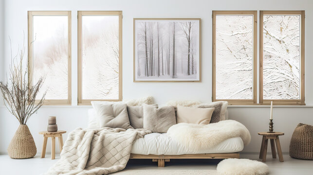 A living room with a white couch and a white blanket on it. There is a framed picture of trees on the wall. The room has a cozy and warm atmosphere