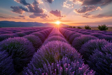 A breathtaking field of lavender flowers illuminated by the setting sun, Tranquil lavender fields...