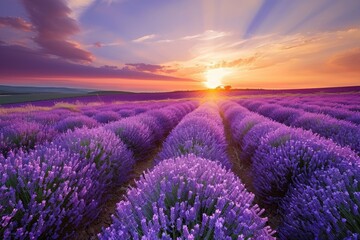 A photo capturing the setting sun casting a warm glow over a vibrant lavender field, Tranquil...