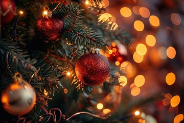 A detailed view of a brightly lit Christmas tree, showcasing its festive ornaments and decorations, Twinkling lights and decorative ornaments on a Christmas tree, AI Generated