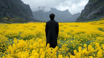 a man standing in a field of yellow flowers looking at a mountain range in the distance with clouds in the sky.