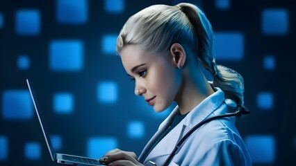 gorgeous blonde female doctor, holding laptop, isolated on blue background, photo, stock photo,...