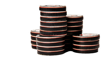 A striking composition of black and red tires stacked on top of each other