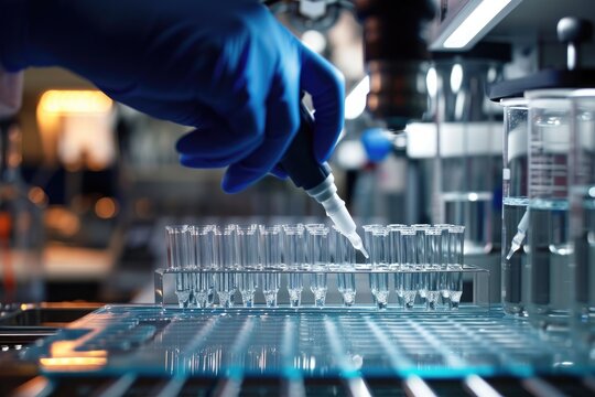 A person wearing blue gloves is actively filling test tubes with an unknown substance in a laboratory, Vaccine development in a high-tech lab, AI Generated
