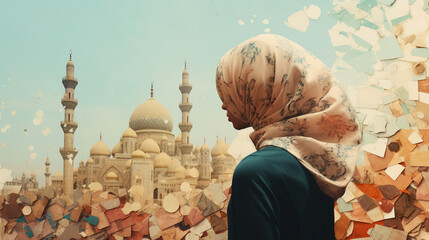 A collage of torn paper showcasing a Muslim girl with a mosque backdrop, capturing the essence of Ramadan, Kurban Bayram, Islam, Eid al-Adha, and the Muslim tradition.	
