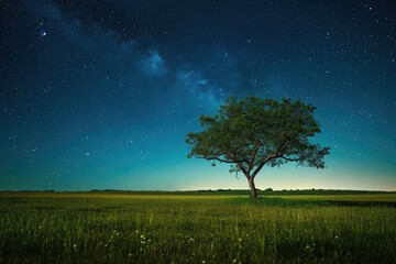 Fototapeta na wymiar A single tree stands alone in a field, illuminated only by the moonlight, as the night sky stretches overhead, Vast grassland with a single tree under a sparkling night sky, AI Generated