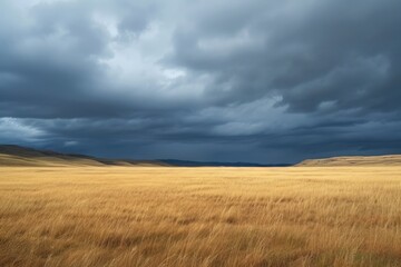 A photograph of a vast expanse of dry grass in a field with a cloudy sky overhead, Vast plains under stormy grey skies, AI Generated
