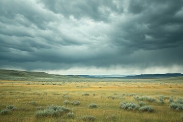 A vast expanse of grass and bushes fills the frame of the photo, while a cloudy sky hangs overhead,...