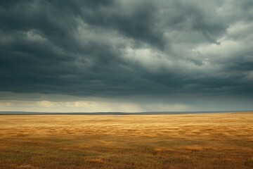 A vast expanse of land covered in green grass stretches towards the horizon, with a cloudy sky overhead, Vast plains under stormy grey skies, AI Generated