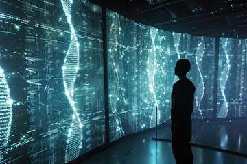 A man stands in front of a large screen, engaged in an interactive display, Virtual reality visualization of the human genome, AI Generated