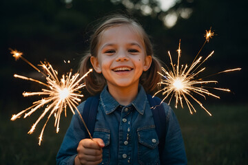 Happy child with sparkler celebrating the 4th of July, Independence Day, Memorial Day