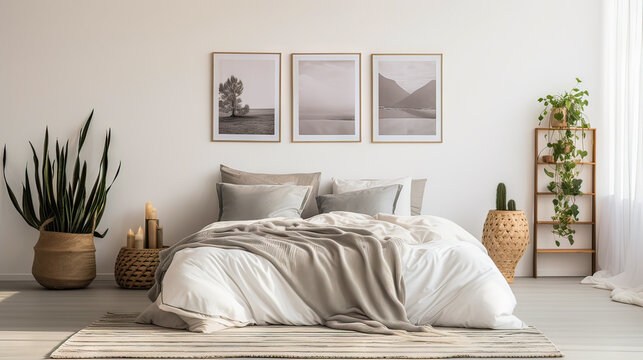 A bedroom with a white bed, a white wall, and a white curtain. There are three framed pictures on the wall