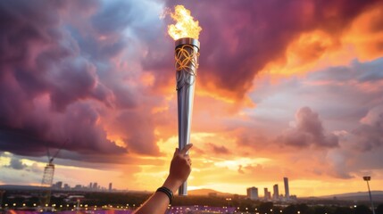 Illustration of a stylized image depicting a burning olympic torch, symbol of the games - obrazy, fototapety, plakaty