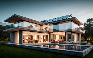 Fototapeta premium Exterior of beautiful modern house with solar panels on roof. Luxury villa with terrace and swimming pool Created with generative Ai, photo, stock photo, stock images, stock life, best selling