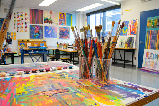 A school art room with an abstract design, paintbrushes and canvases arranged in a creative pattern that symbolizes imagination and self-expression