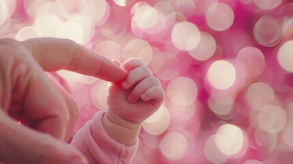 Baby Gripping Mother's Finger with Pink Background - obrazy, fototapety, plakaty