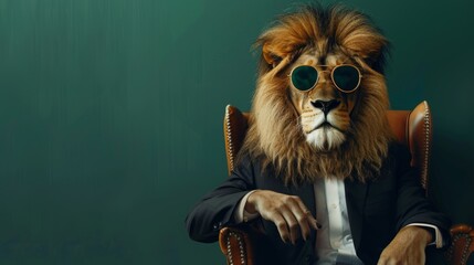 Modern Lion, hipster sunglasses, business suit, sitting like a boss in chair, modern green background, banker, bankster, wallstreet, stocks, financial freedom, copy and text space, 16:9