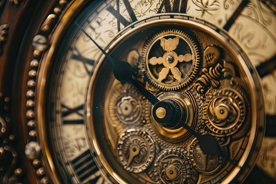 Detailed close-up view of a clock face with visible gears and hands moving rapidly, symbolizing time measurement and mechanical precision. Generative AI