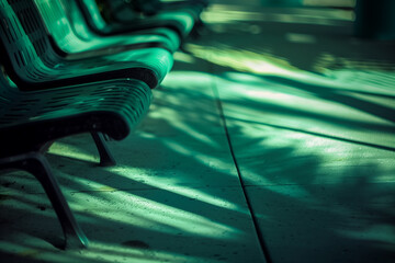 A row of green empty benches are sitting on a concrete sidewalk. The shadows of the benches are cast on the ground