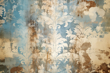 A wall with a floral pattern and a blue background Damask Pattern Distressed Texture - obrazy, fototapety, plakaty