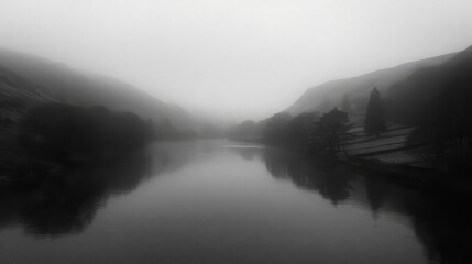Fototapeta premium a black and white photo of a body of water with a boat in the water and mountains in the background.