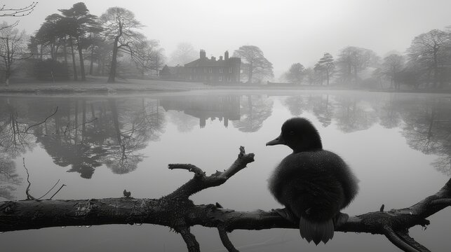 a black and white photo of a duck sitting on a branch in front of a lake with a house in the background.