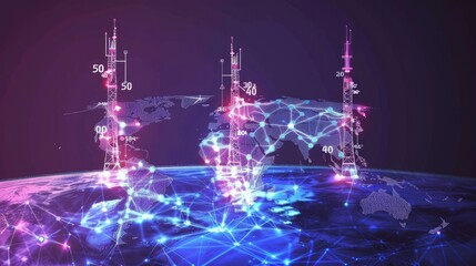 5G network towers with a digital world map