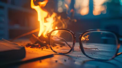 Fotobehang A pair of glasses focusing sunlight to ignite a small fire on a desk © Chingiz