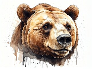 Obraz premium Bear head portrait grunge watercolor painting on plain white background. Digital painting. Vector illustration from Generative AI