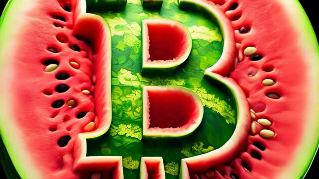 A creative fusion of a watermelon and Bitcoin symbol, depicting the refreshing and innovative aspects of cryptocurrency in the summer season, AI generative video.