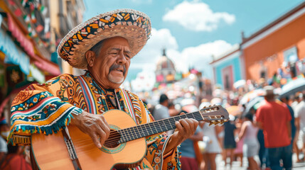 Mexican street musician plays guitar at carnival