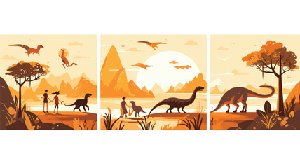 Banners depicting life of prehistoric family flat v