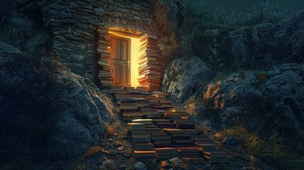 A staircase made of books leading up to a glowing, open door in the night