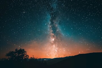 Fototapeta na wymiar A celestial alignment casting a mesmerizing glow over the night sky, showcasing a plethora of stars and the Milky Way. Generative AI