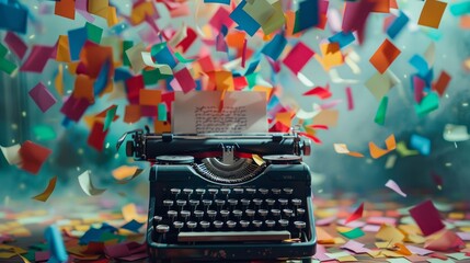 An antique typewriter surrounded by a whirlwind of colorful paper letters