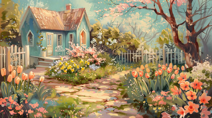 Painted landscape garden with flowers, plants, footpath and lovely house 