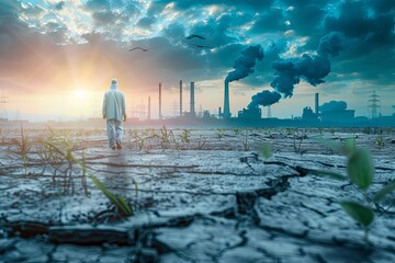 A scientist in protective clothing surveys a parched terrain against a backdrop of factory emissions and an evening sky. Generative AI