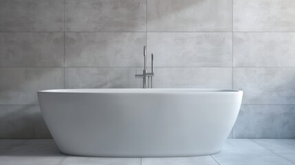 Naklejka na ściany i meble Sleek Minimalist Bathroom Setting with White Bathtub and Freestanding Faucet