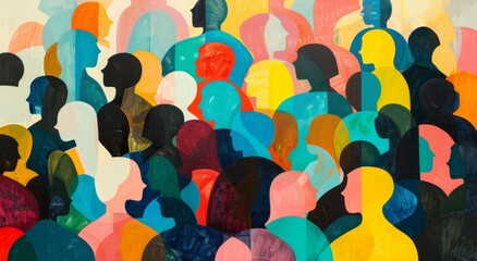abstract painting of a crowd using simple shapes and colorful colors, with no faces Generative AI