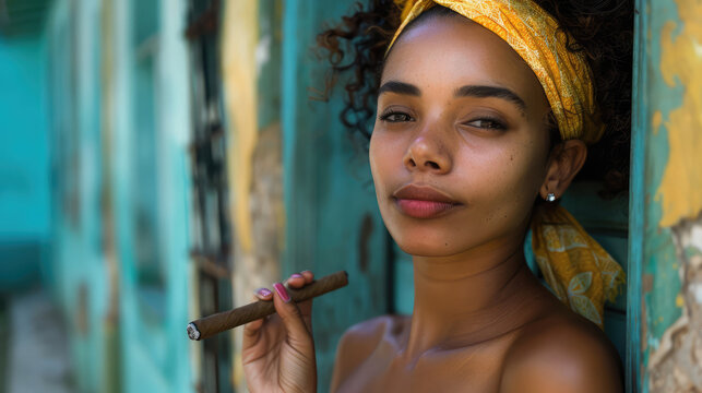 Young Cuban woman smoking cigar portrait