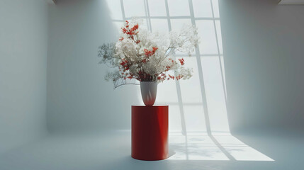 bouquet of red and white in glass vase on light background