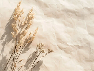 Dry romantic beige fluffy fragile rush reed cane buds with light background and soft mist effect