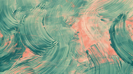 Lush jade and coral pink paint swirls blending seamlessly on a textured canvas background.