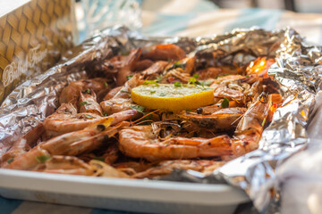 Shrimp meal in a restaurant at Al Mina Market  in Abu Dhabi, United Arab Emirates.