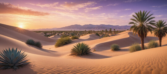 Desert sand dunes landscape. Sandy hills, plants, palms, hot sun, beautiful sky. Panoramic view background