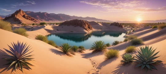 Poster Oasis in Desert. Sand dunes, blue lake, palms, Beautiful sunset sky. Panoramic view, landscape background © Amarylle