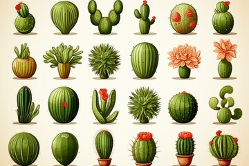 Set of various green cactus icons on white background for succulent lovers and botanical enthusiasts